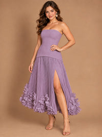 Navy Blue Strapless Pleated A-Line Midi Dress with 3D Floral Applique