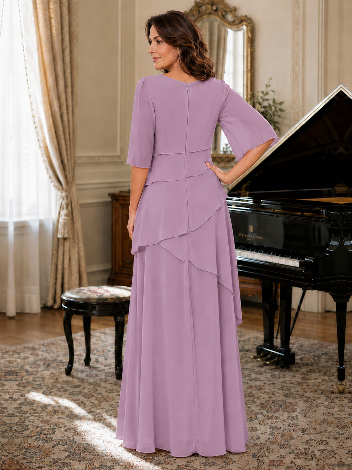 Asymmetric Draped Chiffon Mother of the Bride Dress with Flutter Sleeves