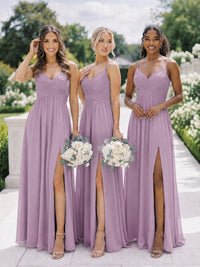 V-Neck Pleated Chiffon Long Bridesmaid Dress with Slit