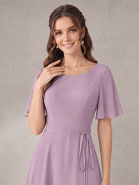Scoop Neck A-line Chiffon Bridesmaid Dress with Flutter Sleeve & Belt