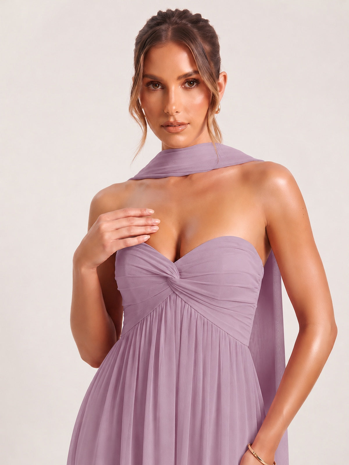 Strapless Ruched Chiffon Long Prom Dress with Scarf