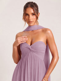 Strapless Ruched Chiffon Long Prom Dress with Scarf