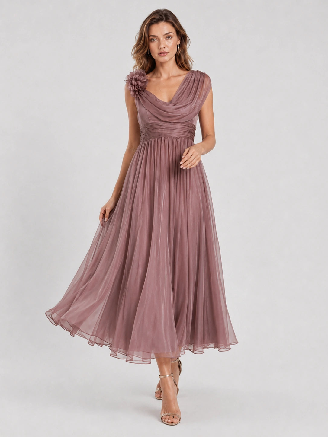 Dusty Rose Chiffon Mother of the Bride Dress with Floral Applique