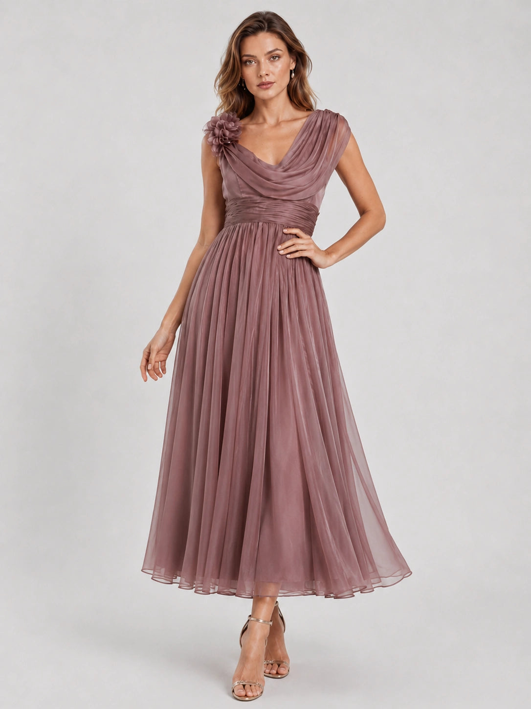 Dusty Rose Chiffon Mother of the Bride Dress with Floral Applique