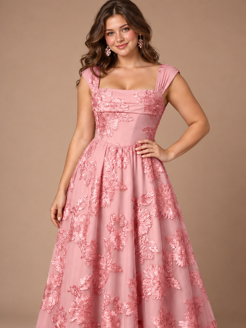 Dusty Rose Floral Lace Applique Square Neck A-Line Evening Gown