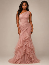 Dusty Rose One Shoulder Ruffle Mermaid Formal Dress