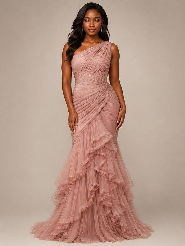 Dusty Rose One Shoulder Ruffle Mermaid Formal Dress