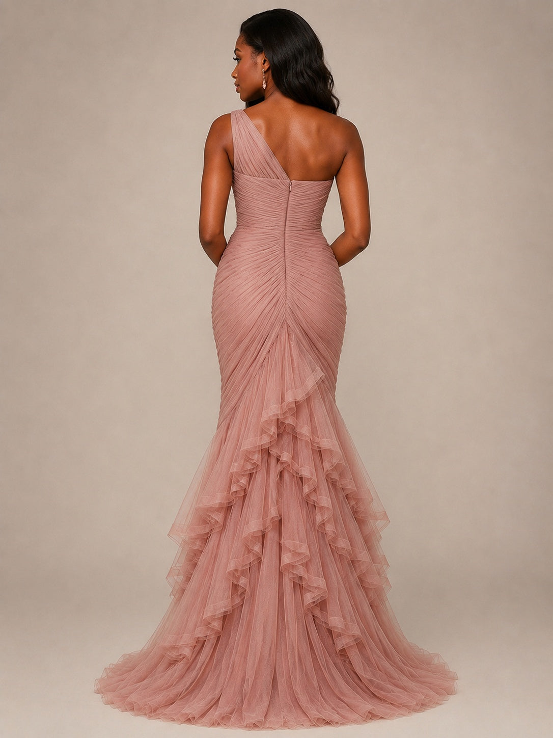 Dusty Rose One Shoulder Ruffle Mermaid Formal Dress