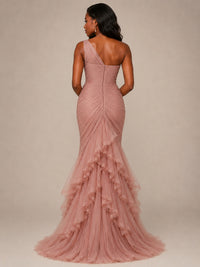 Dusty Rose One Shoulder Ruffle Mermaid Formal Dress