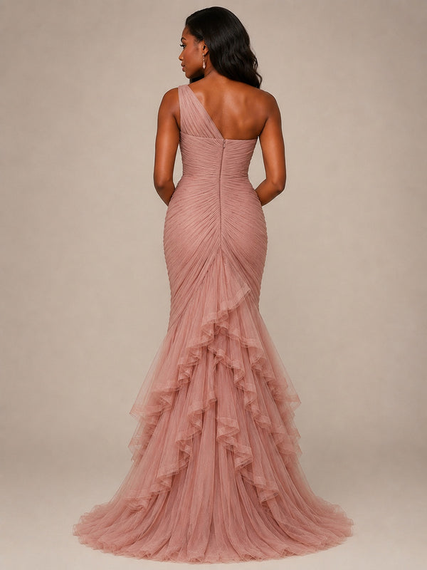 Dusty Rose One Shoulder Ruffle Mermaid Formal Dress