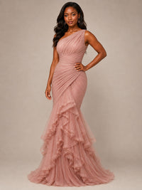 Dusty Rose One Shoulder Ruffle Mermaid Formal Dress
