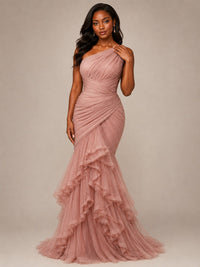 Dusty Rose One Shoulder Ruffle Mermaid Formal Dress