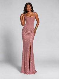 Sequin Corset Mermaid Prom Dress with Square Neck Wide Strap High Slit