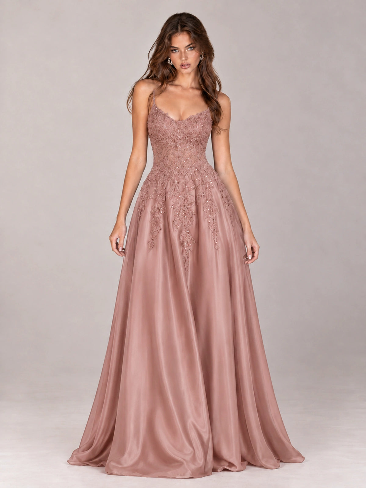Lace Applique Satin A-Line Prom Dress with Sheer Bodice
