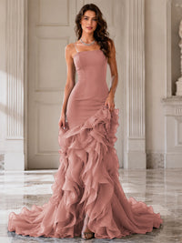 Mermaid Formal Evening Dress with Layered Ruffle Train