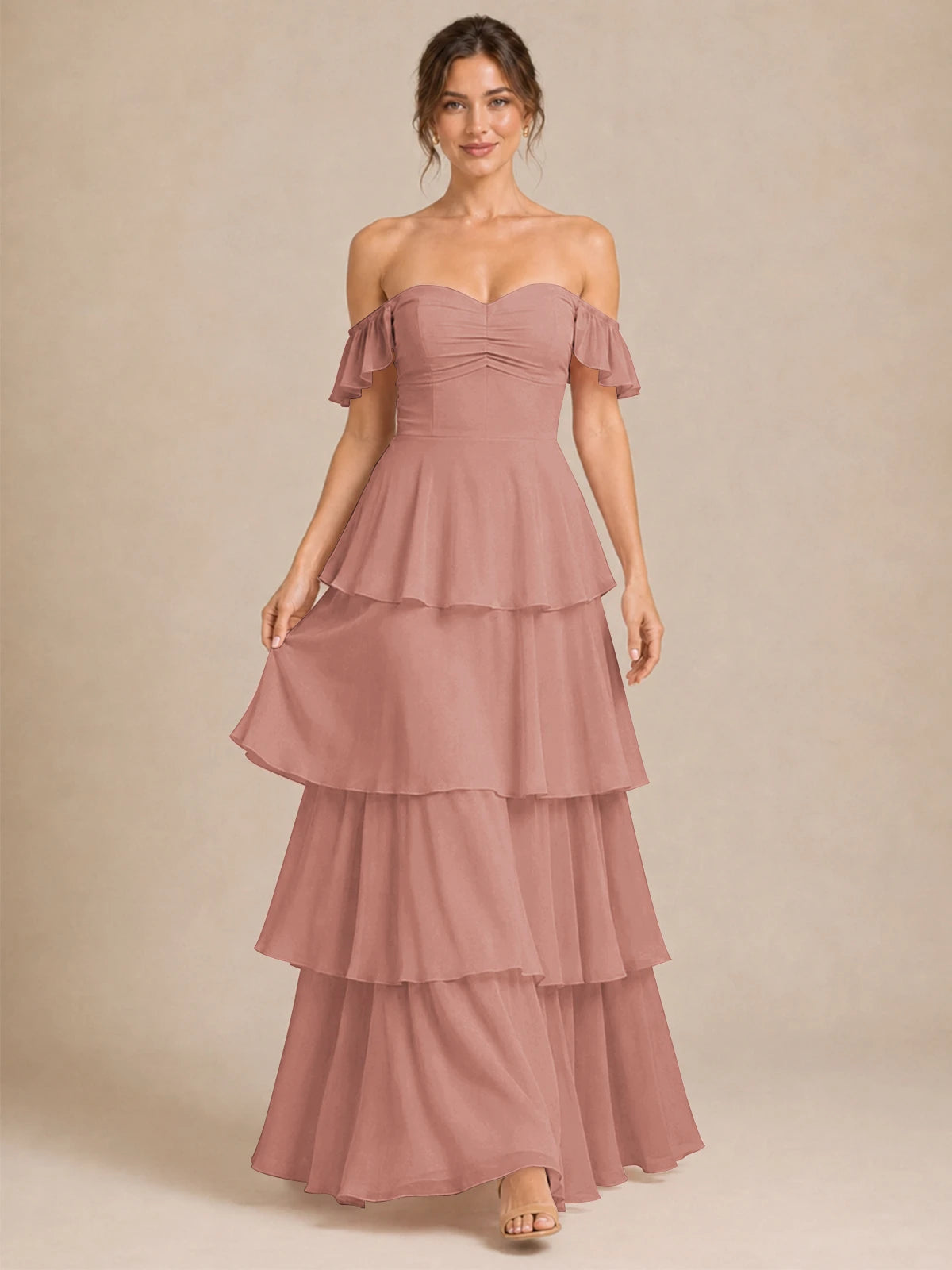Off Shoulder Tiered Chiffon A-Line Bridesmaid Dress