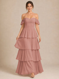 Off Shoulder Tiered Chiffon A-Line Bridesmaid Dress