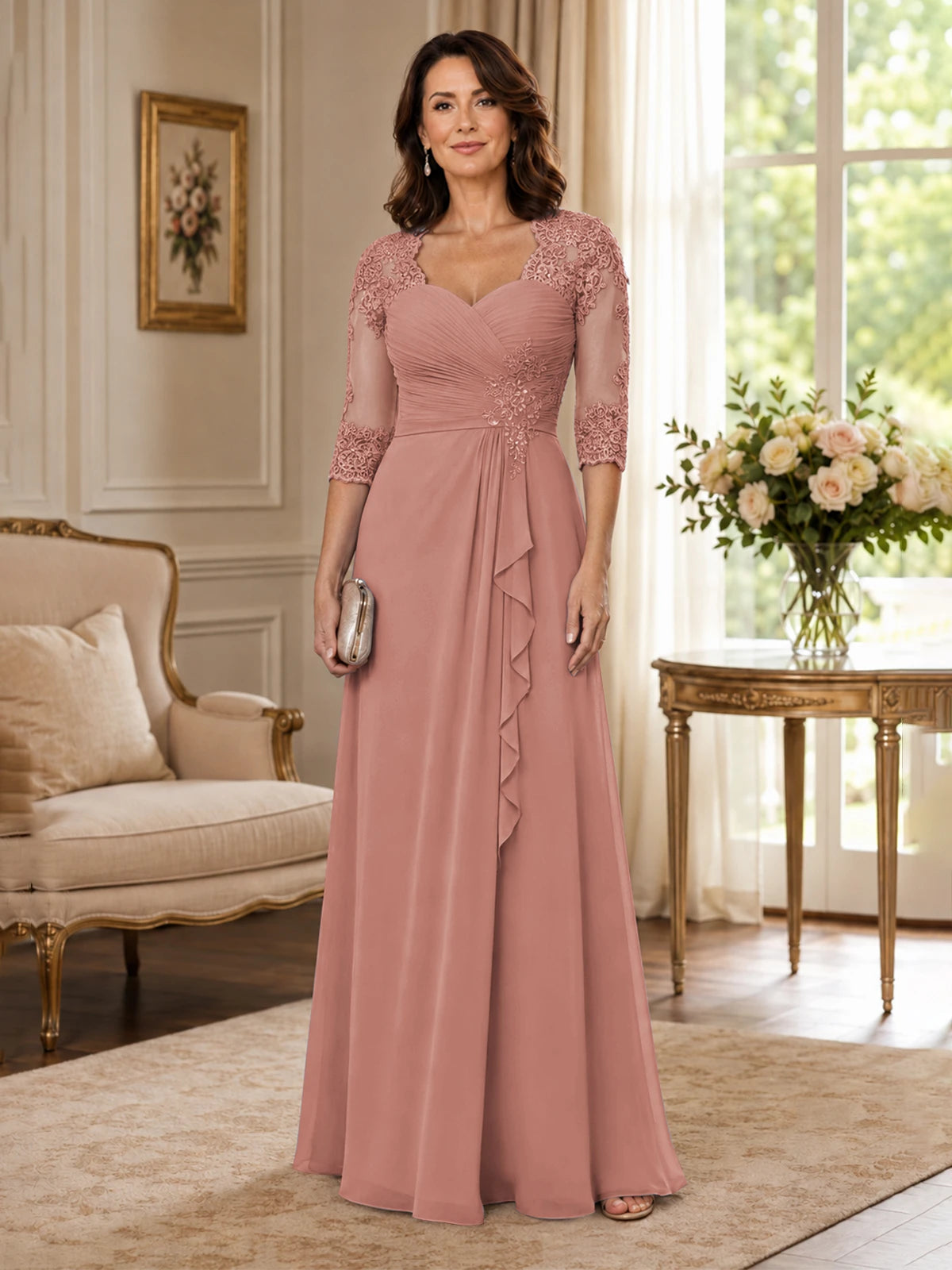 Chiffon Lace Applique Mother of the Bride Dress with 3/4 Sleeves