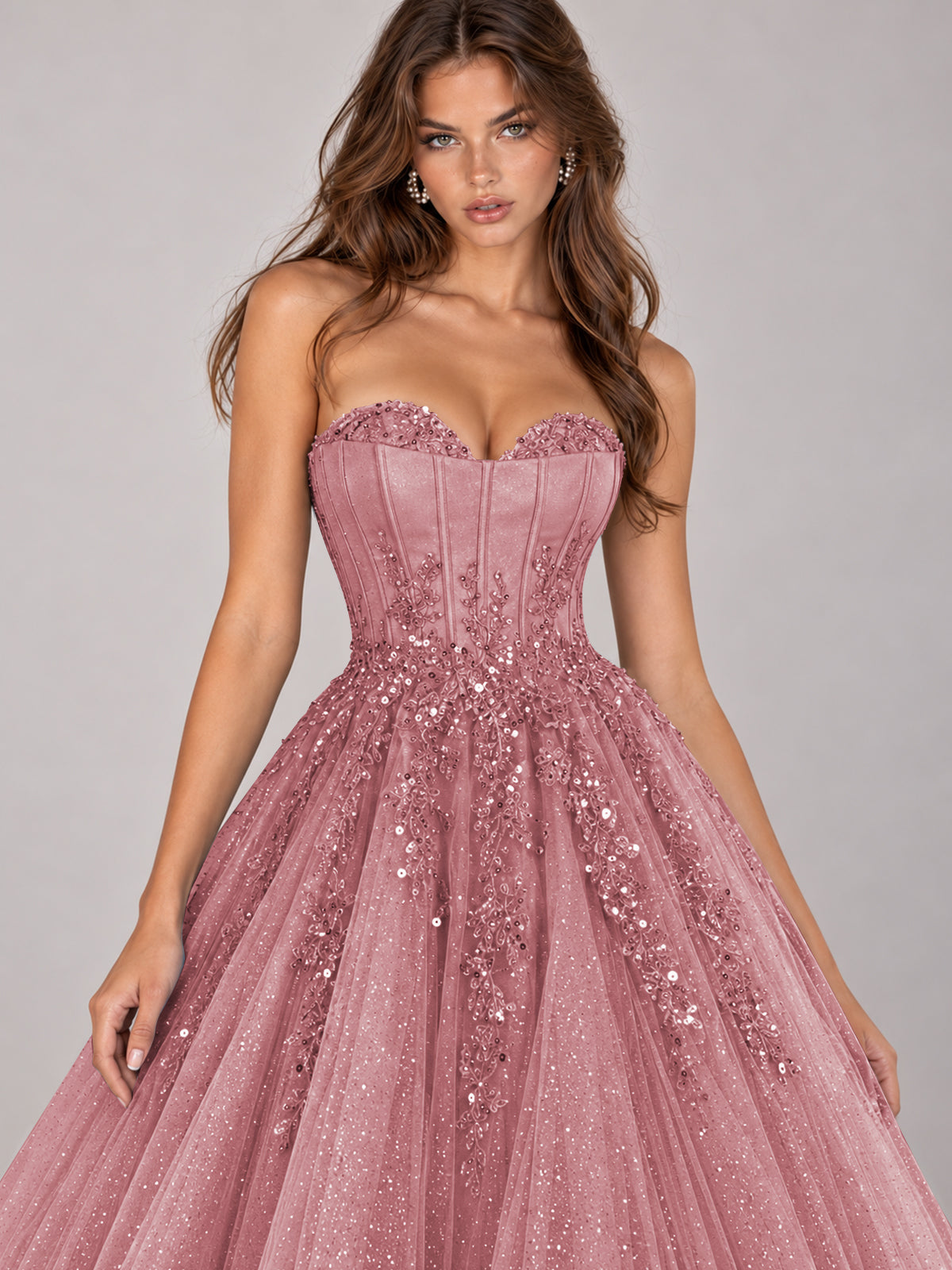Strapless Sweetheart Beaded Corset Glitter Tulle Ball Gown Prom Dress