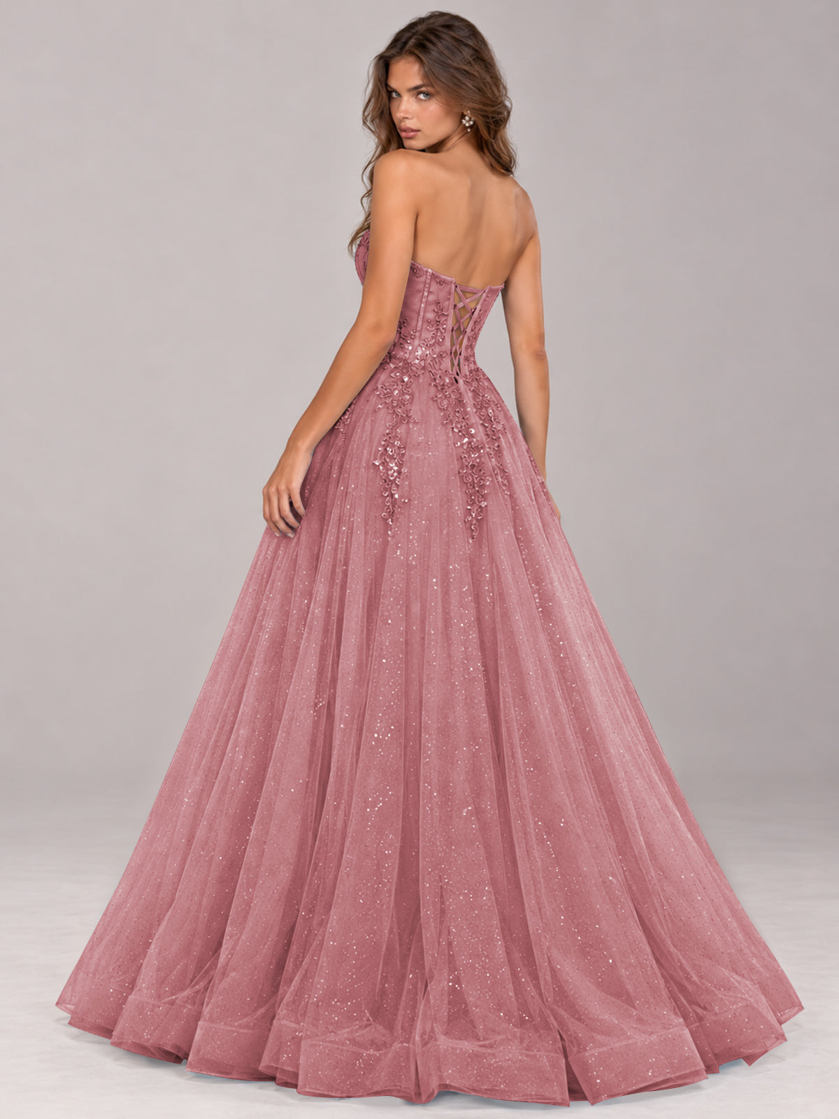 Strapless Sweetheart Beaded Corset Glitter Tulle Ball Gown Prom Dress
