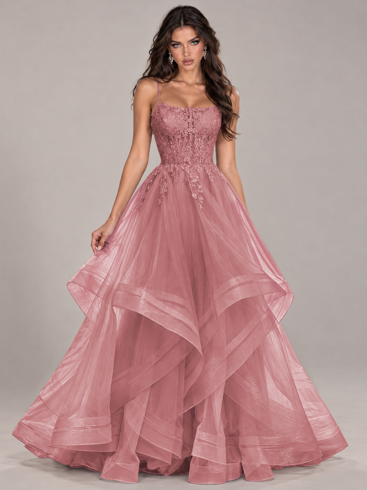 Lace Corset Ball Gown Prom Dress with Cascading Tulle Ruffles