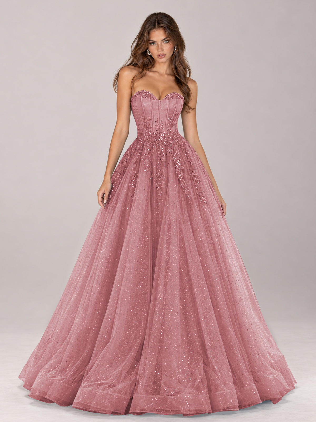 Strapless Sweetheart Beaded Corset Glitter Tulle Ball Gown Prom Dress
