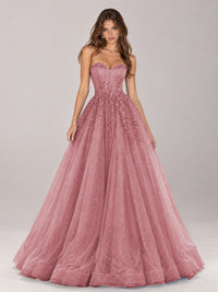 Strapless Sweetheart Beaded Corset Glitter Tulle Ball Gown Prom Dress