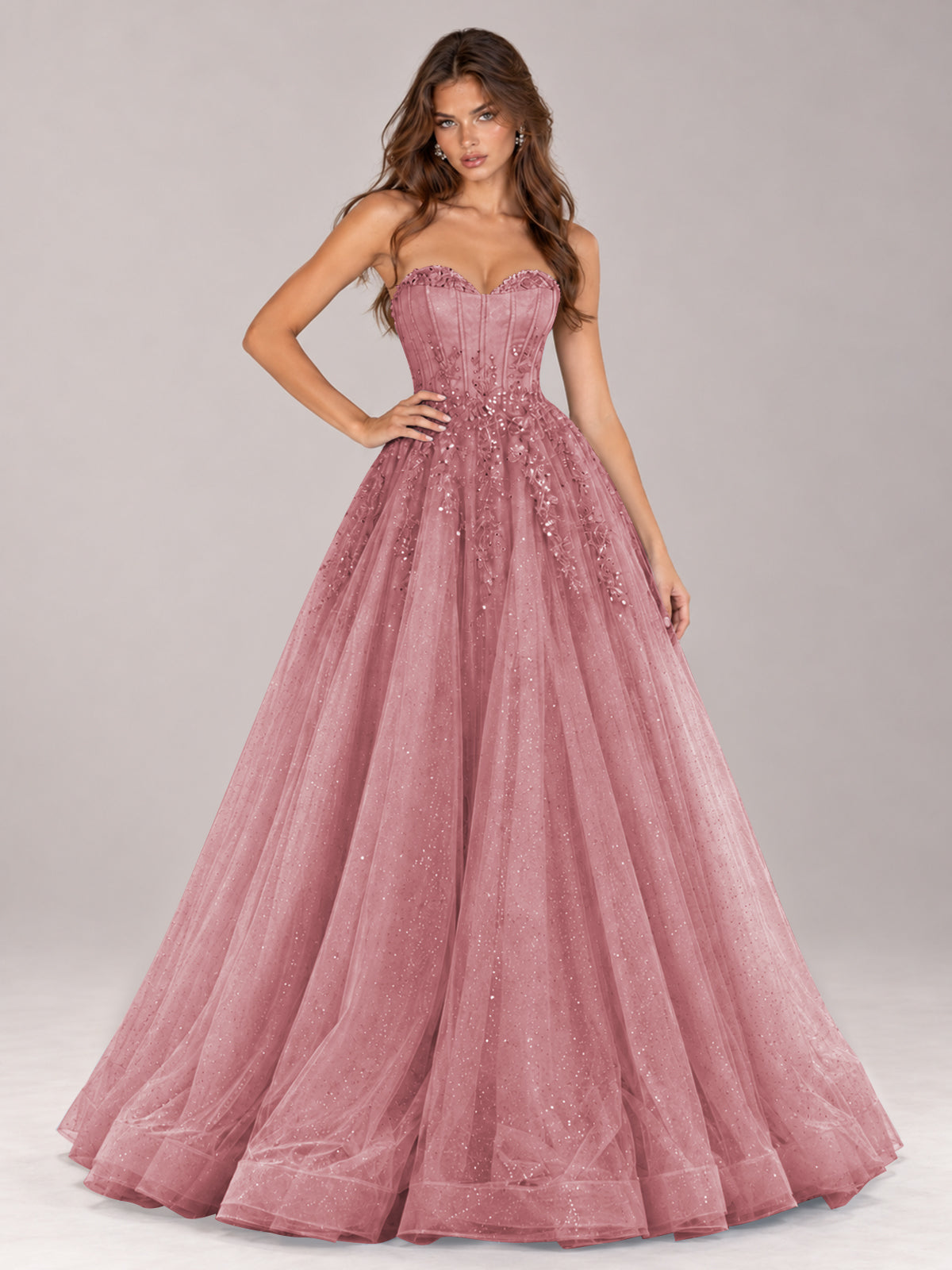 Strapless Sweetheart Beaded Corset Glitter Tulle Ball Gown Prom Dress