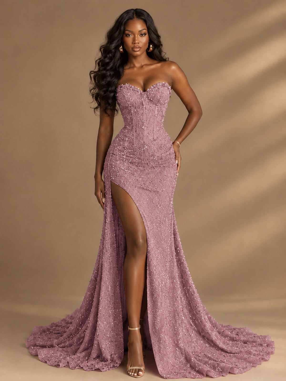 Beaded Sequin Prom Dress Strapless Formal Gowns with High Slit Train