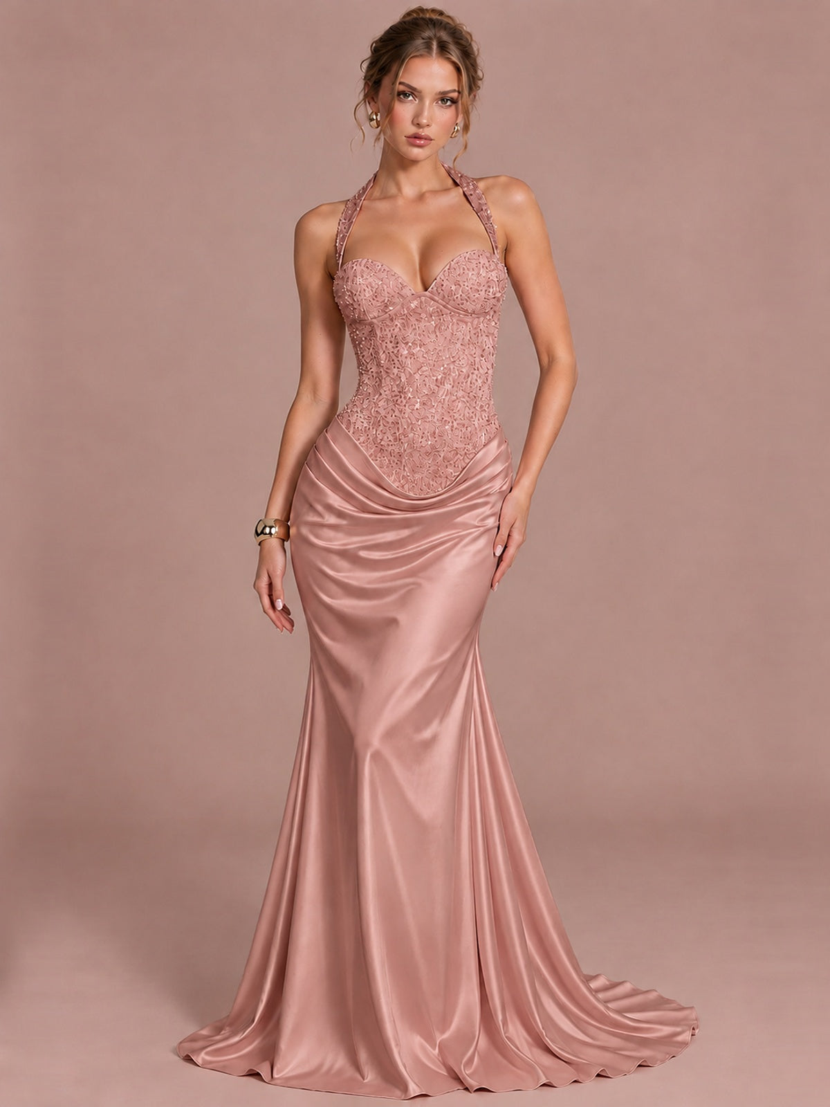 Dusty Rose Sparkling Halter Corset Satin Mermaid Prom Dress Long Ruched Sequin Formal Gown Evening Party Dress