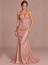 Dusty Rose Sparkling Halter Corset Satin Mermaid Prom Dress Long Ruched Sequin Formal Gown Evening Party Dress