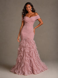 Pink Off-the-Shoulder Mermaid Prom Dress with Ruffles 3D Flowers