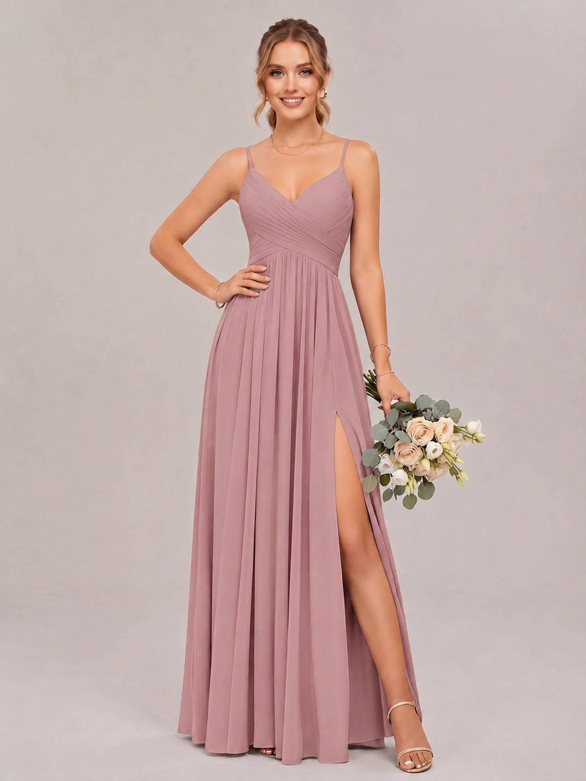 Dusty Rose Spaghetti Straps Pleated Chiffon Bridesmaid Dress with Slit V-Neck A-line Long Formal Evening Wedding Guest Gown