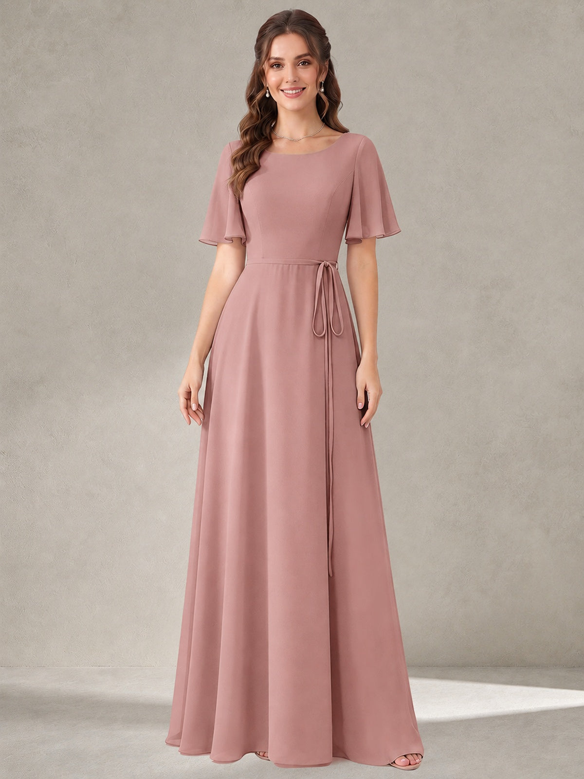 Dusty Rose Scoop Neck A-line Chiffon Bridesmaid Dress with Belt Flutter Sleeve Formal Wedding Guest Dress Evening Gown