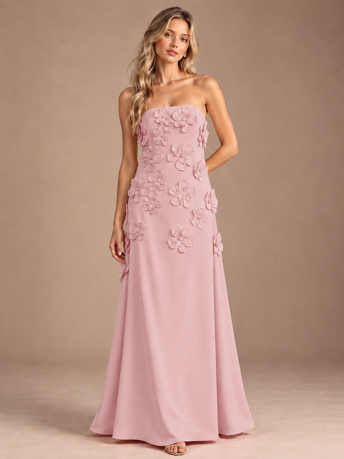 Dusty Rose-Strapless 3D Floral A-line Satin Prom Maxi Dress Formal Evening Gown