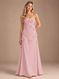 Dusty Rose-Strapless 3D Floral A-line Satin Prom Maxi Dress Formal Evening Gown