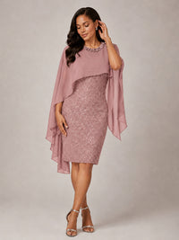 Floral Sheath Mother of the Bride Dress with Cape Overlay