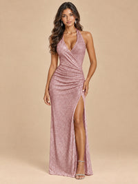 Dusty Rose-Blush Pink Halter V-Neck Sequin Mermaid Prom Dress with High Slit Jovellee