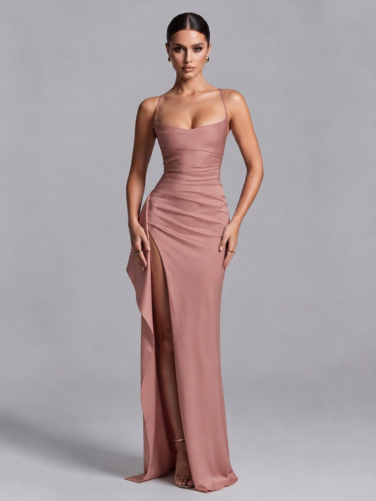 Dusty Rose Squre Neck Pleated Satin Prom Dresses for Teens Women Long Evening Formal Gown with Slit Ruffles