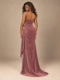 Burgundy Velvet Strapless Ruched Prom Dress with Jeweled Side Drape