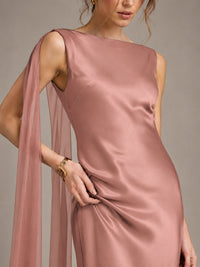 Burgundy Satin Mermaid Cape Maxi Dress