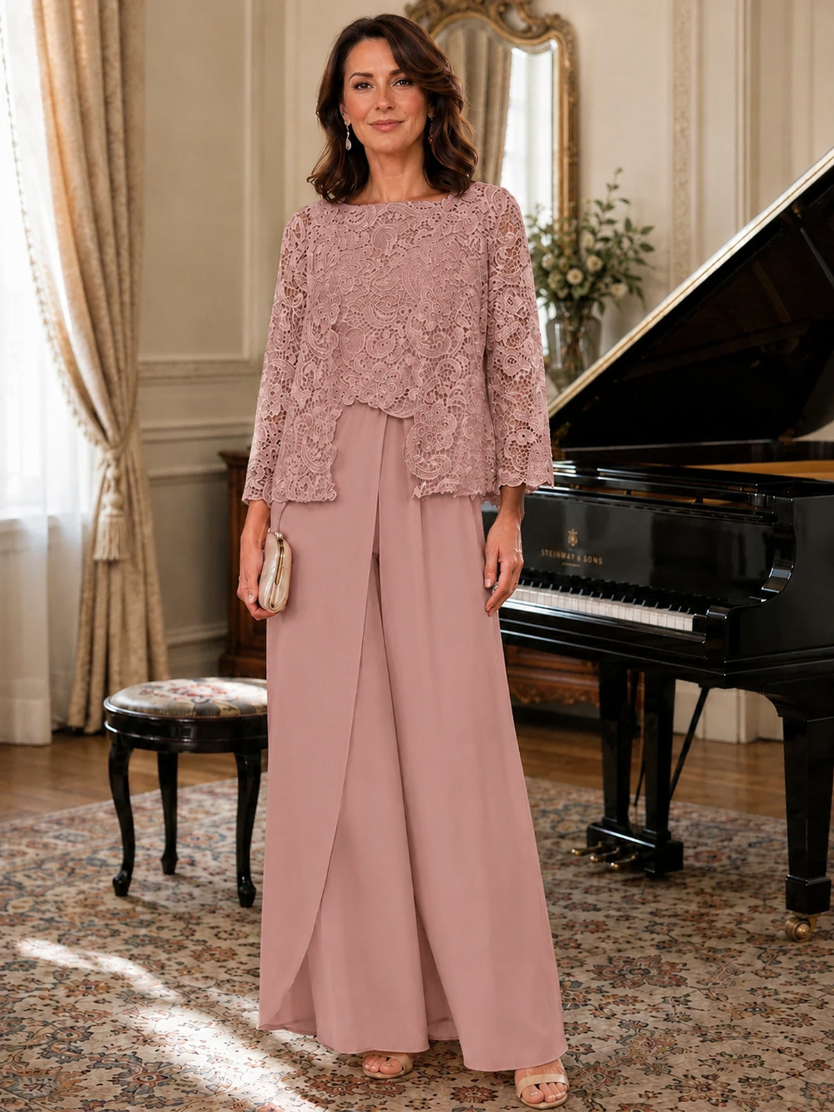 Elegant 3-Piece Chiffon Mother of the Bride Pantsuit with Floral Applique Jacket