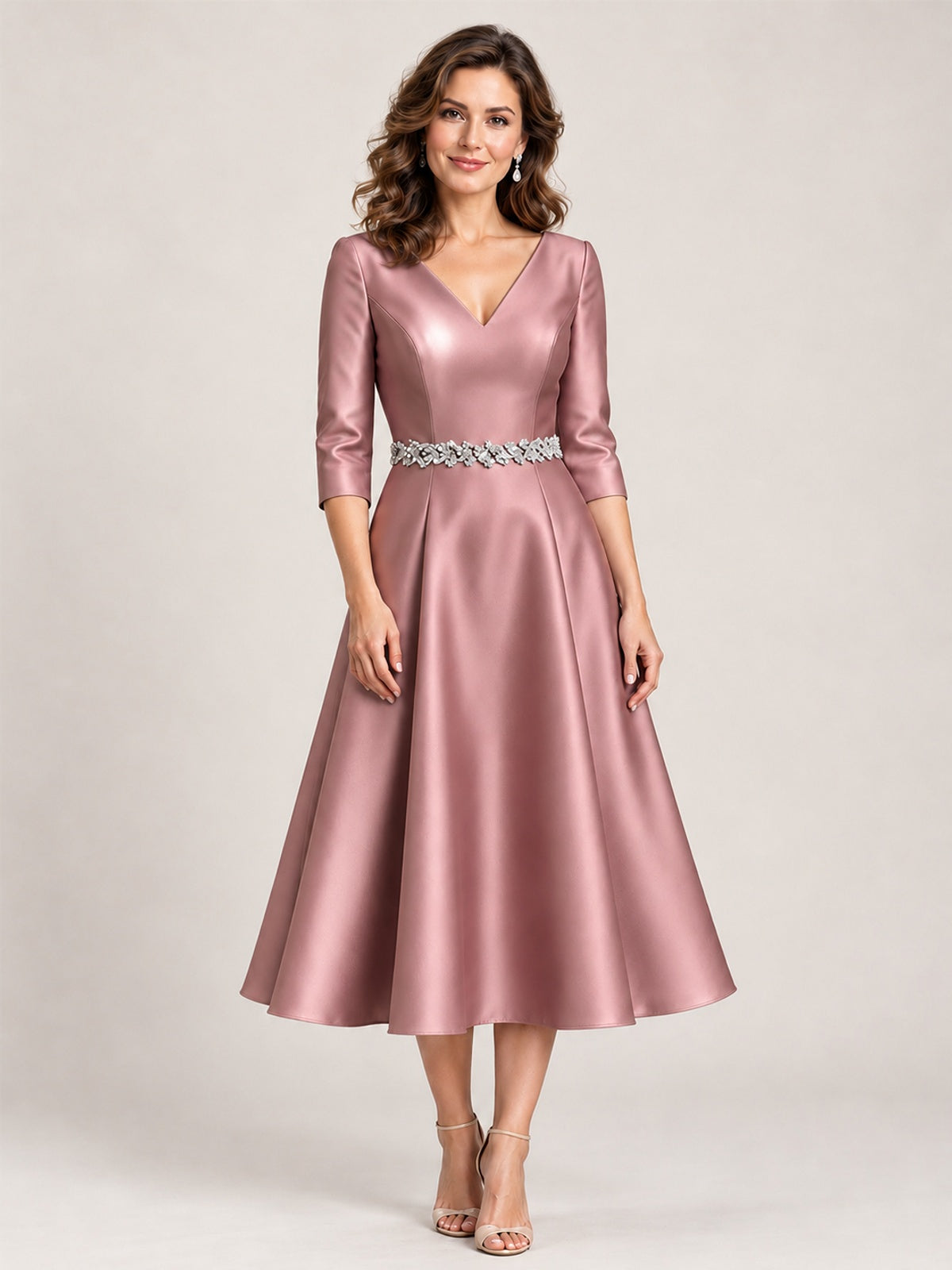 Dusty Rose V-Neck Tea-Length Mother of the Bride Dress with Embellished Waist