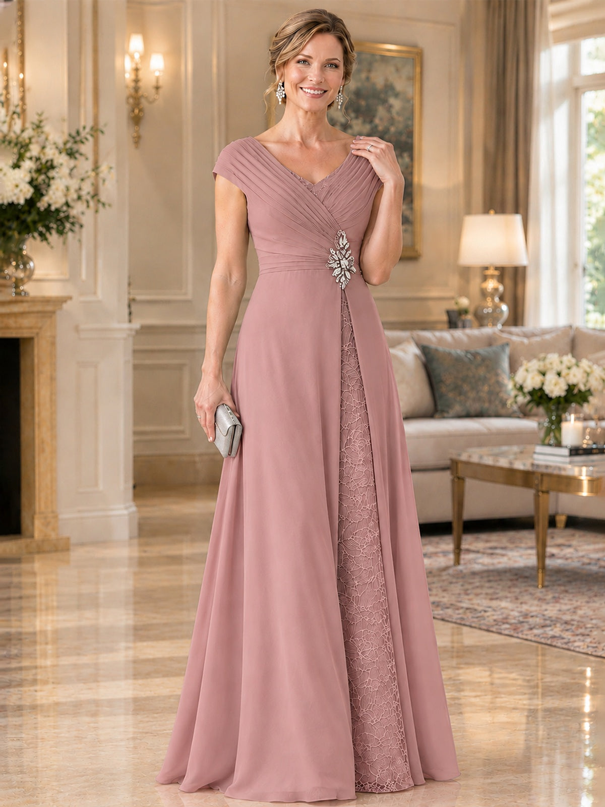 Pleated Chiffon Lace Mother of The Bride Dresses with Beading Cap Sleeves