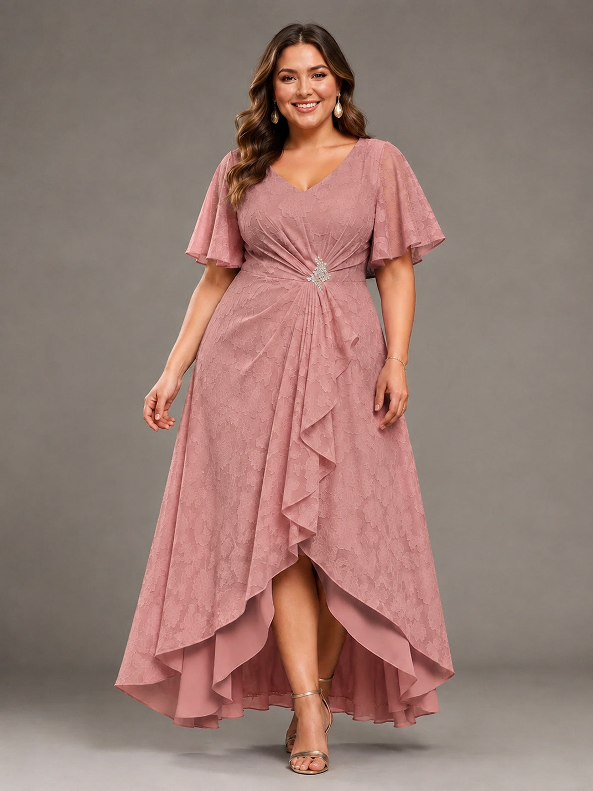 Jacquard Chiffon A-Line V-Neck High-Low Mother of the Bride Dress