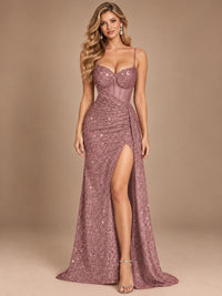 Burgundy Sequin Corset Prom Dress with High Slit