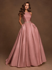 Satin A-Line Prom Dress Sleeveless Beaded Waist Formal Gown with Pockets