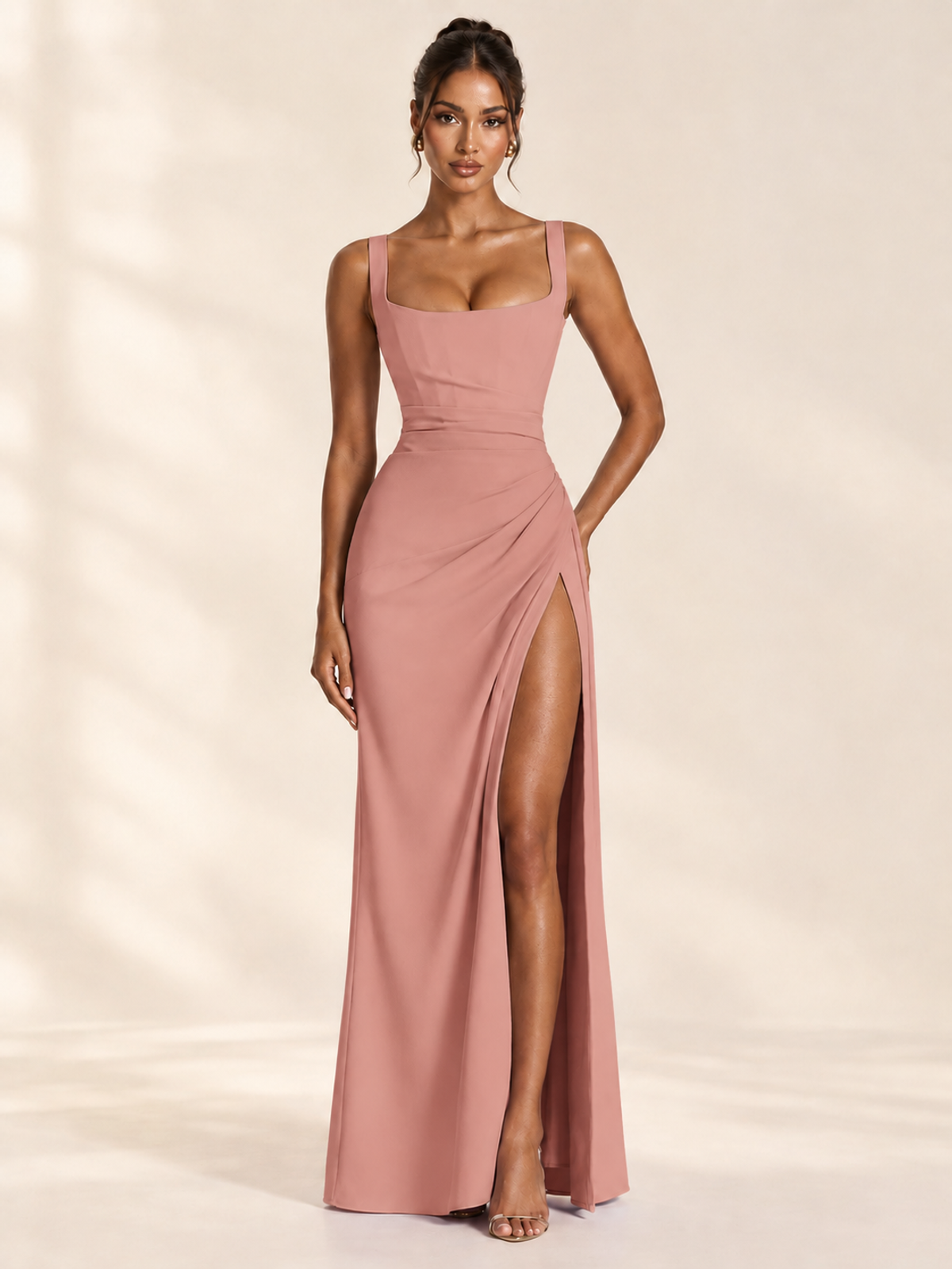 Square Neck Satin Sleeveless Ruched Prom Dress with High Slit