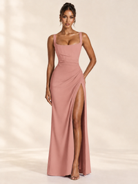 Square Neck Satin Sleeveless Ruched Prom Dress with High Slit