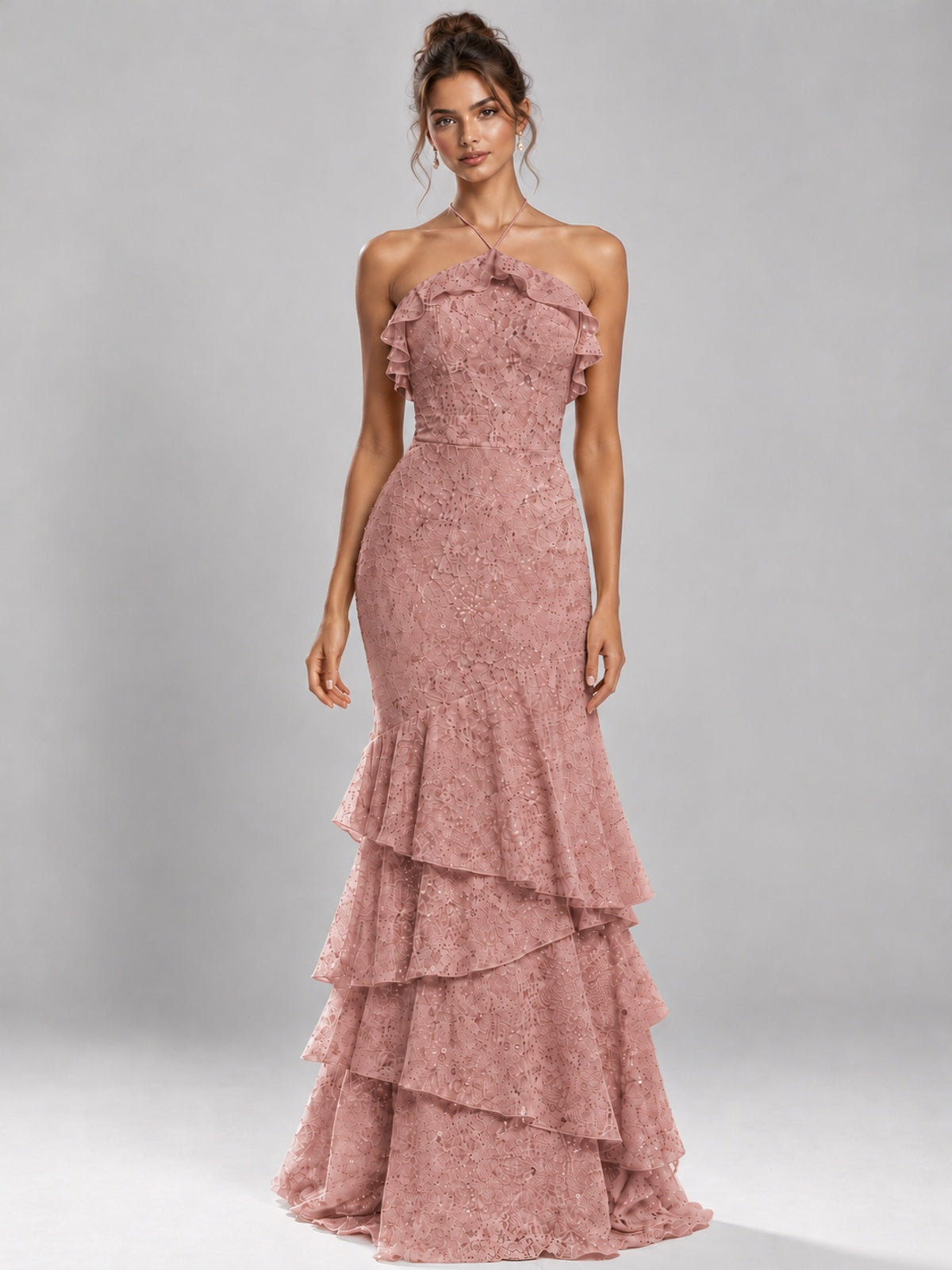 Halter Tiered Mermaid Prom Dress with Sparkly Lace
